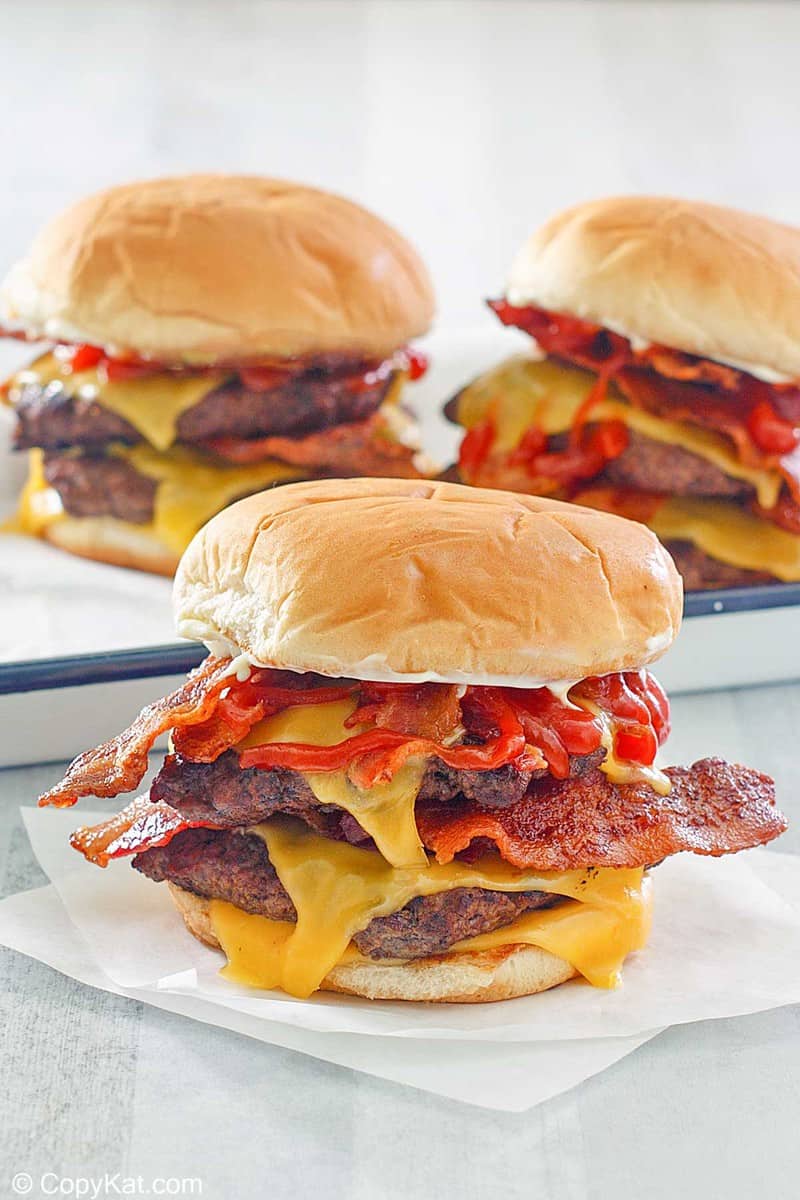 Three homemade Wendy's baconator burgers