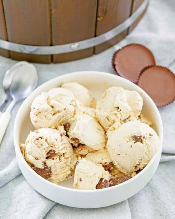 homemade peanut butter ice cream, peanut butter cups, and ice cream maker