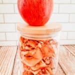 air fried apple chips in a container with an apple on top
