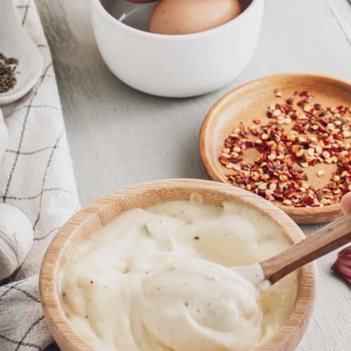 homemade garlic aioli, red pepper flakes, and eggs