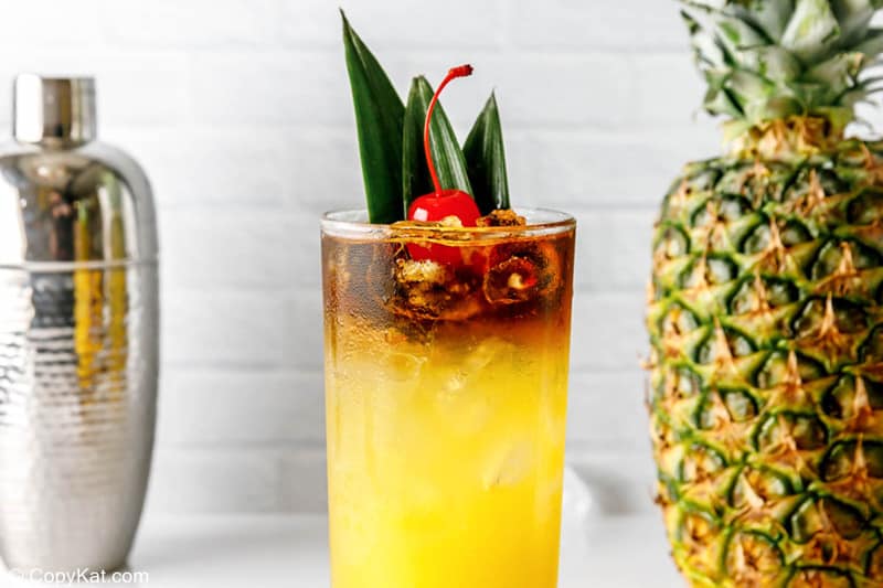 homemade PF Chang's Chang Mai Tai, cocktail shaker, and pineapple