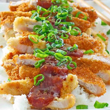 pork katsu and rice on a platter