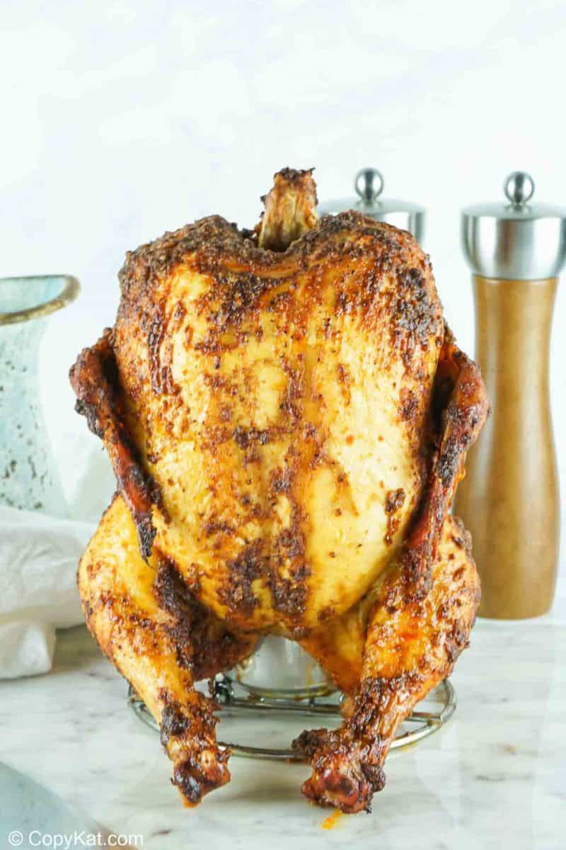 smoked beer can chicken on a holder
