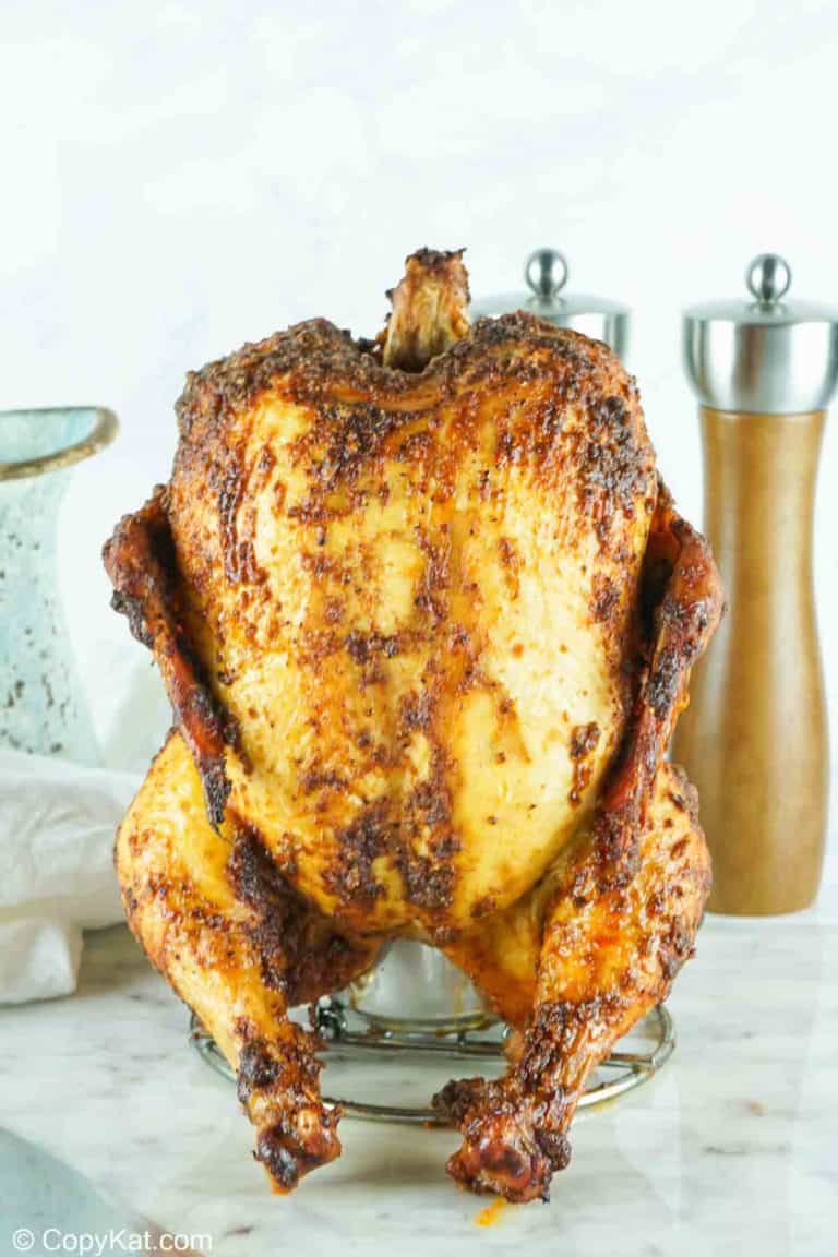 smoked beer can chicken on a holder