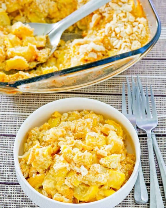 squash casserole in a baking dish and a bowl