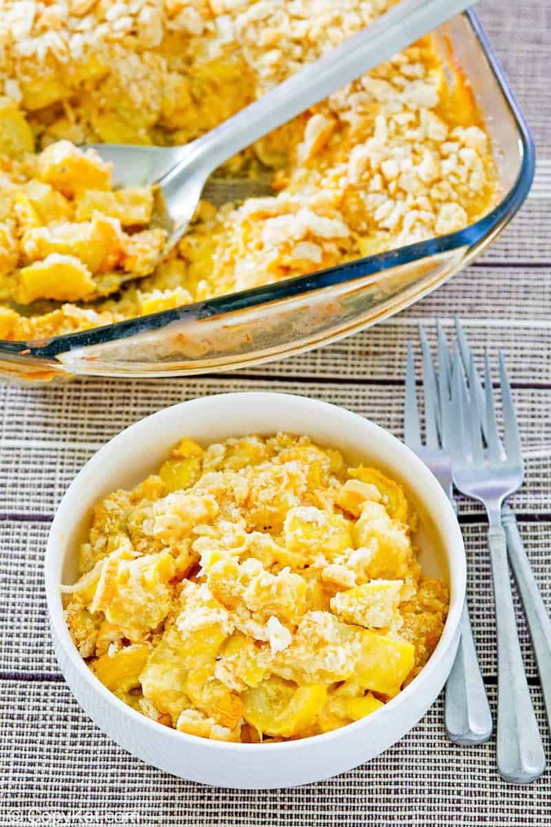 squash casserole in a baking dish and a bowl
