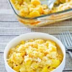 squash casserole in a bowl and baking dish