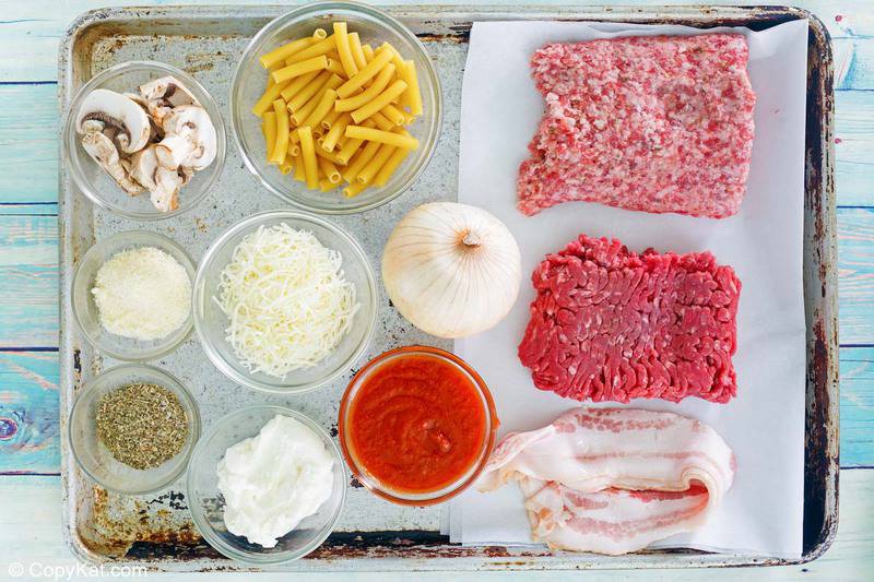 Baked ziti ingredients on a tray