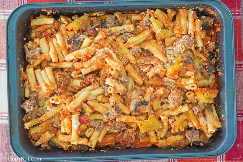 baked ziti in a rectangular baking dish