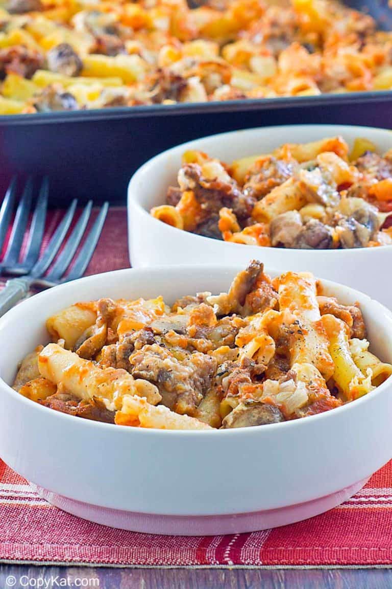 baked ziti in bowls and baking dish