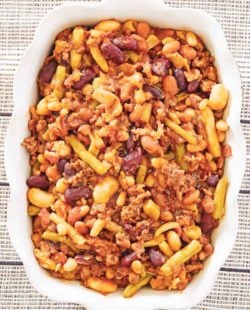 overhead view of calico beans in a serving dish