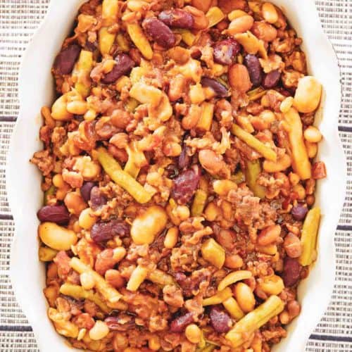 overhead view of calico beans in a serving dish