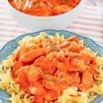 chicken paprikash over egg noodles and in a bowl