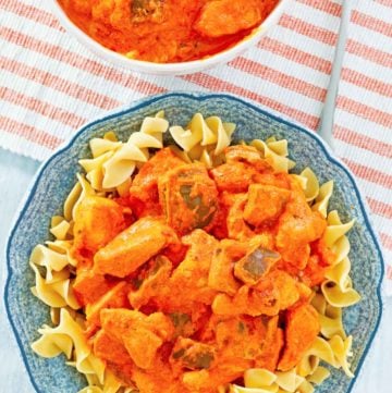 chicken paprikash in a bowl and on noodles