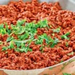 chili colorado con carne in a skillet