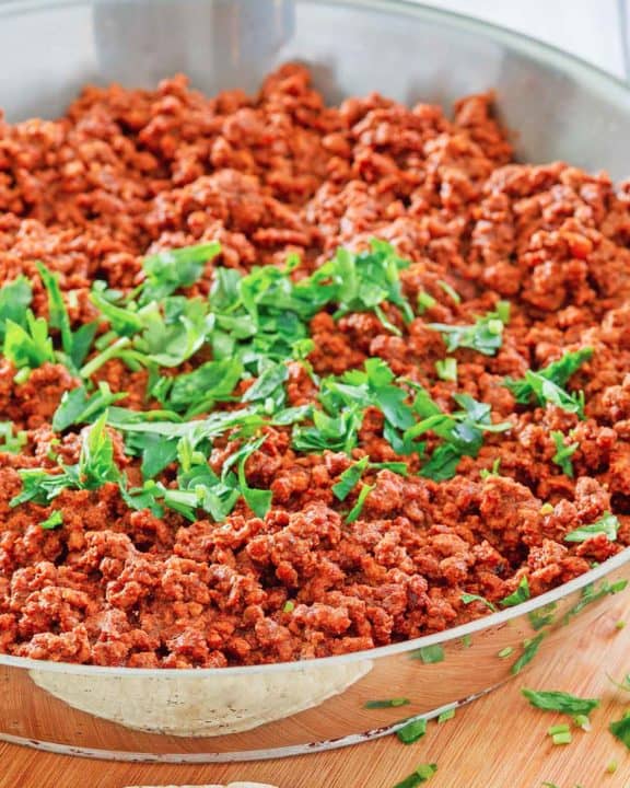 chili colorado con carne in a skillet