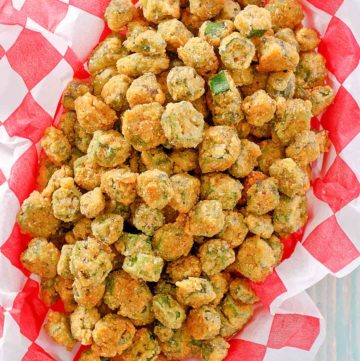 overhead view of fried okra on parchment paper