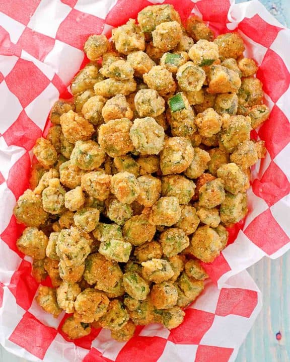 overhead view of fried okra on parchment paper