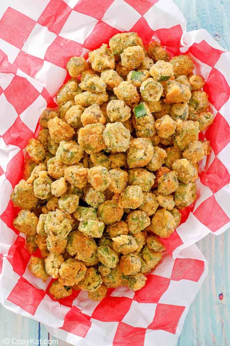 overhead view of fried okra on parchment paper