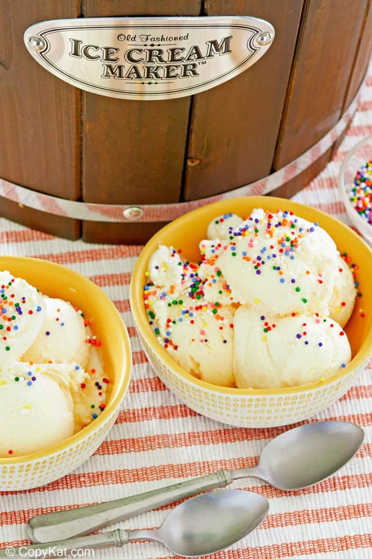 homemade vanilla ice cream, spoons, and ice cream maker