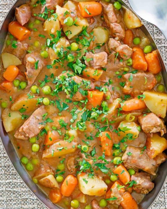 overhead view of lamb stew in a pan