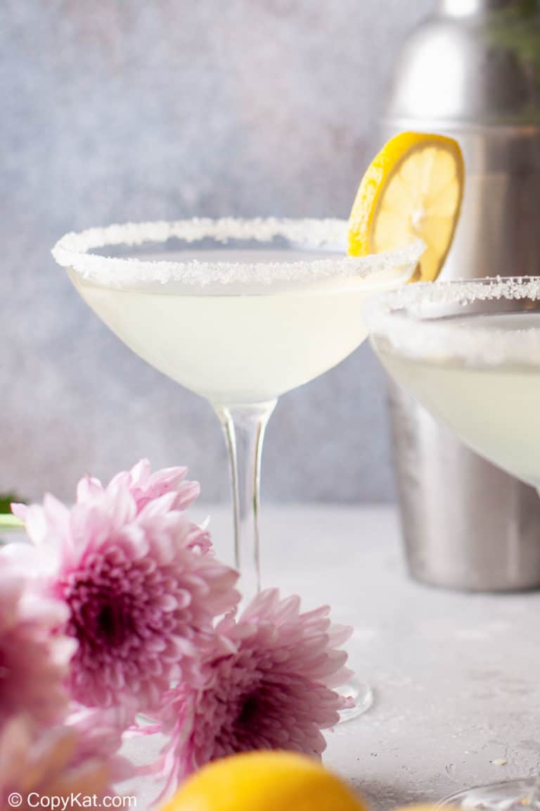 lemon drop martini garnished with a lemon slice