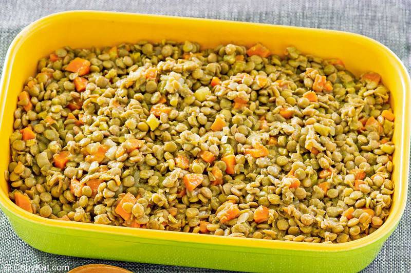 cooked lentils in a rectangular serving dish