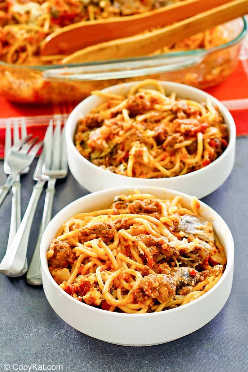 two bowls of spaghetti casserole