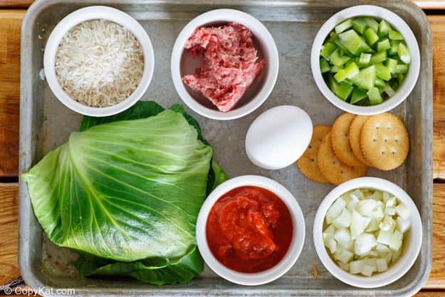 stuffed cabbage rolls ingredients on a tray