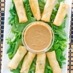 overhead view of spring rolls and Thai peanut sauce on a platter