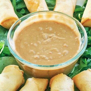 a bowl of Thai peanut sauce and spring rolls