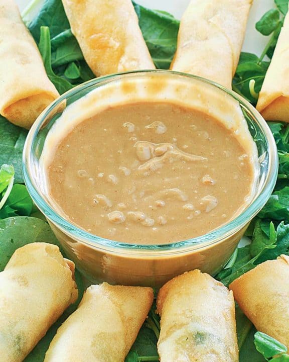 a bowl of Thai peanut sauce and spring rolls