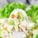 Waldorf Salad on a large mixing spoon