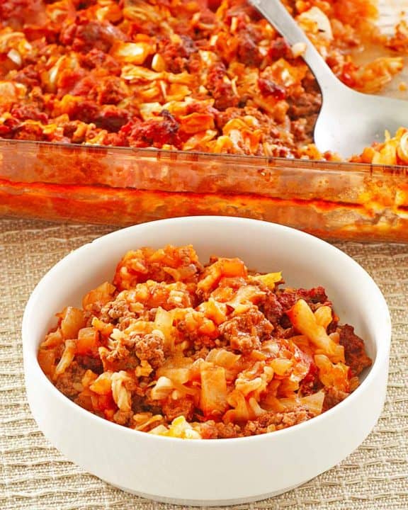 cabbage roll casserole in a bowl and baking dish.