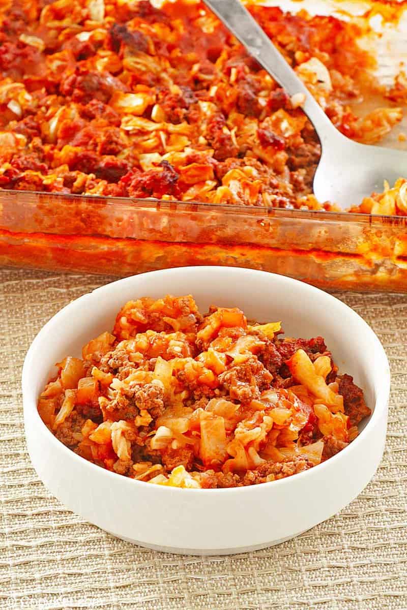 cabbage roll casserole in a bowl and baking dish.