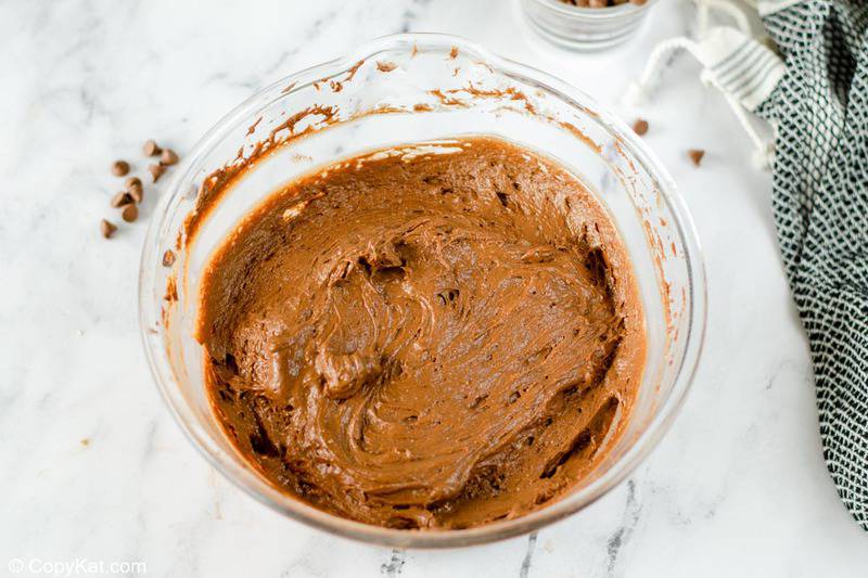 chocolate bundt cake batter in a mixing bowl.