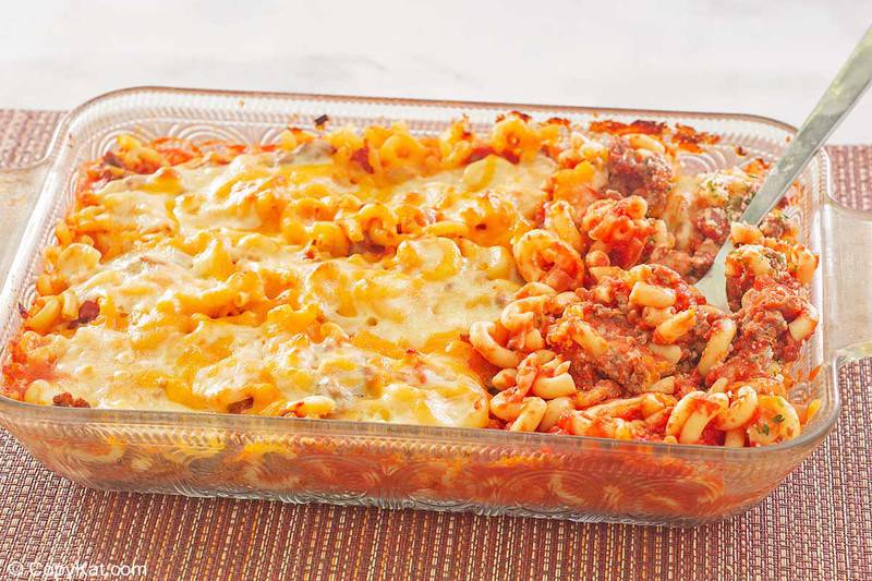 ground beef casserole in a glass baking dish.