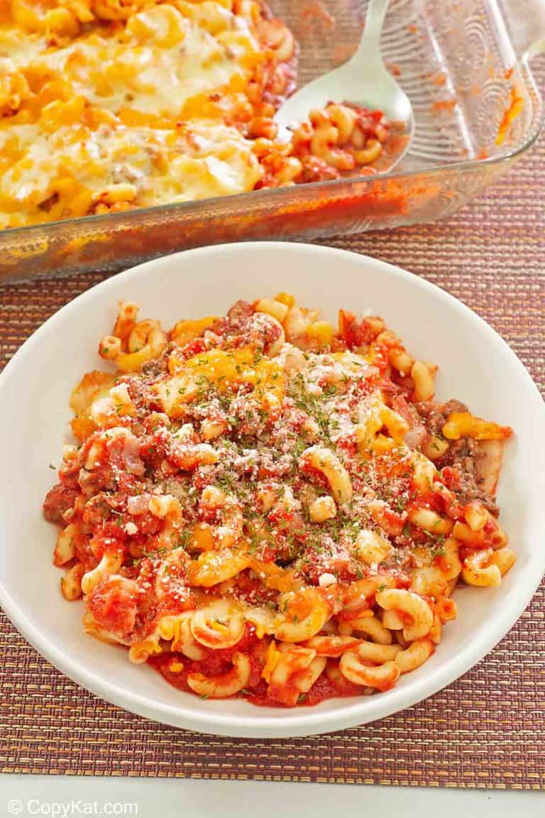 ground beef casserole in a baking dish and a bowl