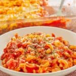 ground beef casserole in a bowl and baking dish