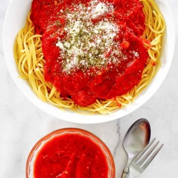 overhead view of homemade spaghetti sauce.