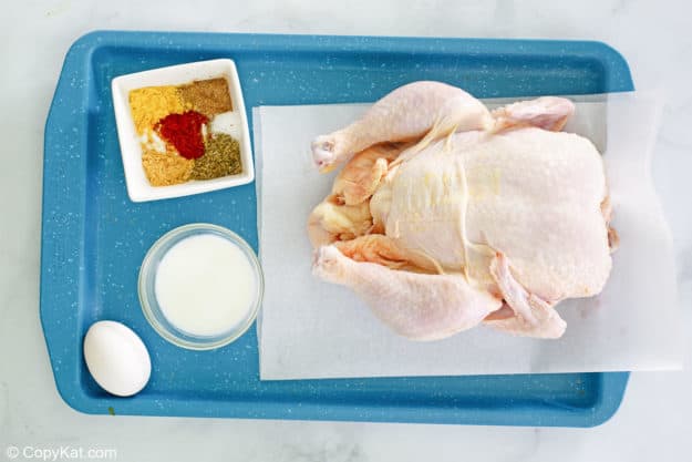 KFC fried chicken recipe ingredients on a tray