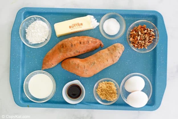 sweet potato souffle ingredients on a tray.