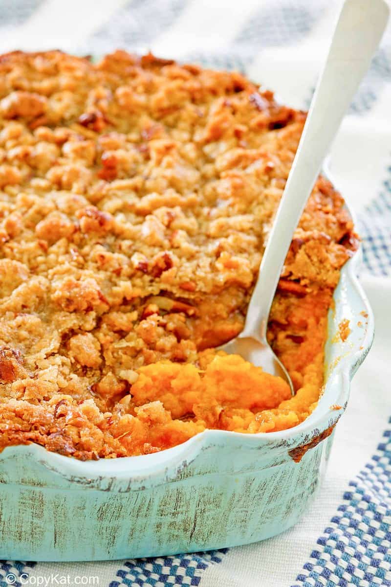 sweet potato souffle with pecans in a baking dish