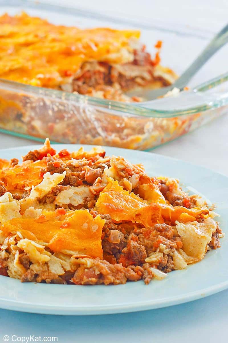 taco casserole on a plate and in a baking dish