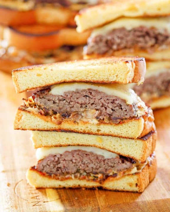 homemade Whataburger patty melt sandwiches cut in half