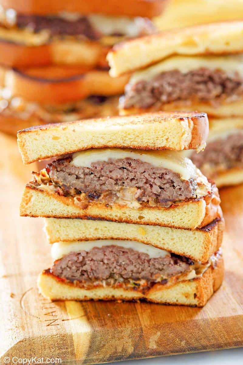 homemade Whataburger patty melt sandwiches cut in half