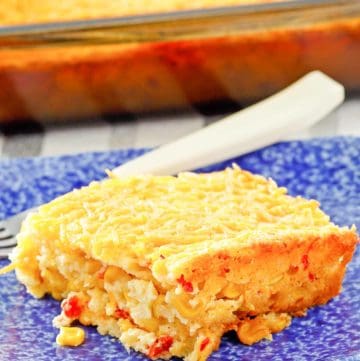 creamed corn casserole in a baking dish and on a plate