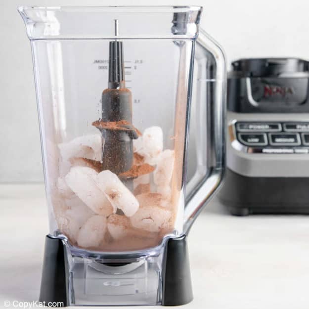 hot chocolate mix and ice in a blender.