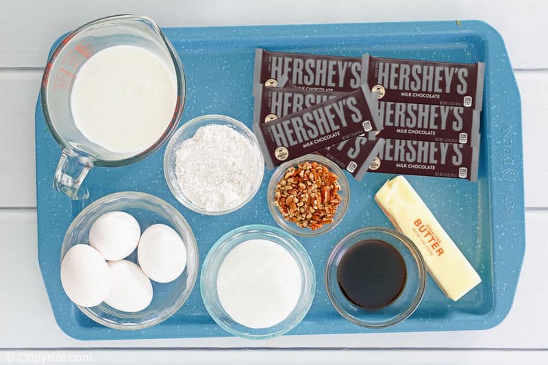Hershey bar cake ingredients on a tray