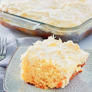 pig pickin cake on a plate and in a baking dish